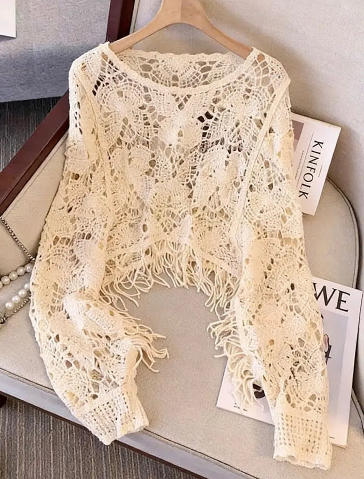 Cropped Beige Open-Knit Top