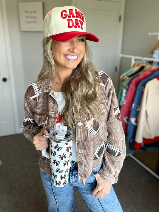 Brown Corduroy Sequin Football Jacket