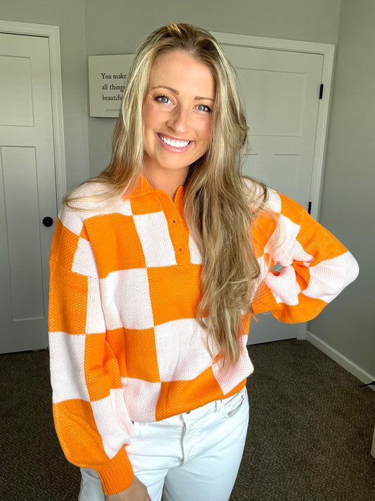 Checkered V Neck Pullover Sweater