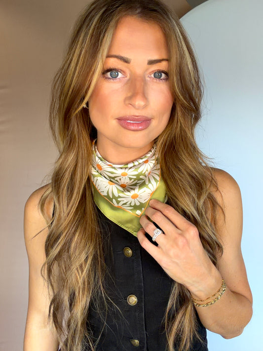 Silky Flower Green Bandana Scarf
