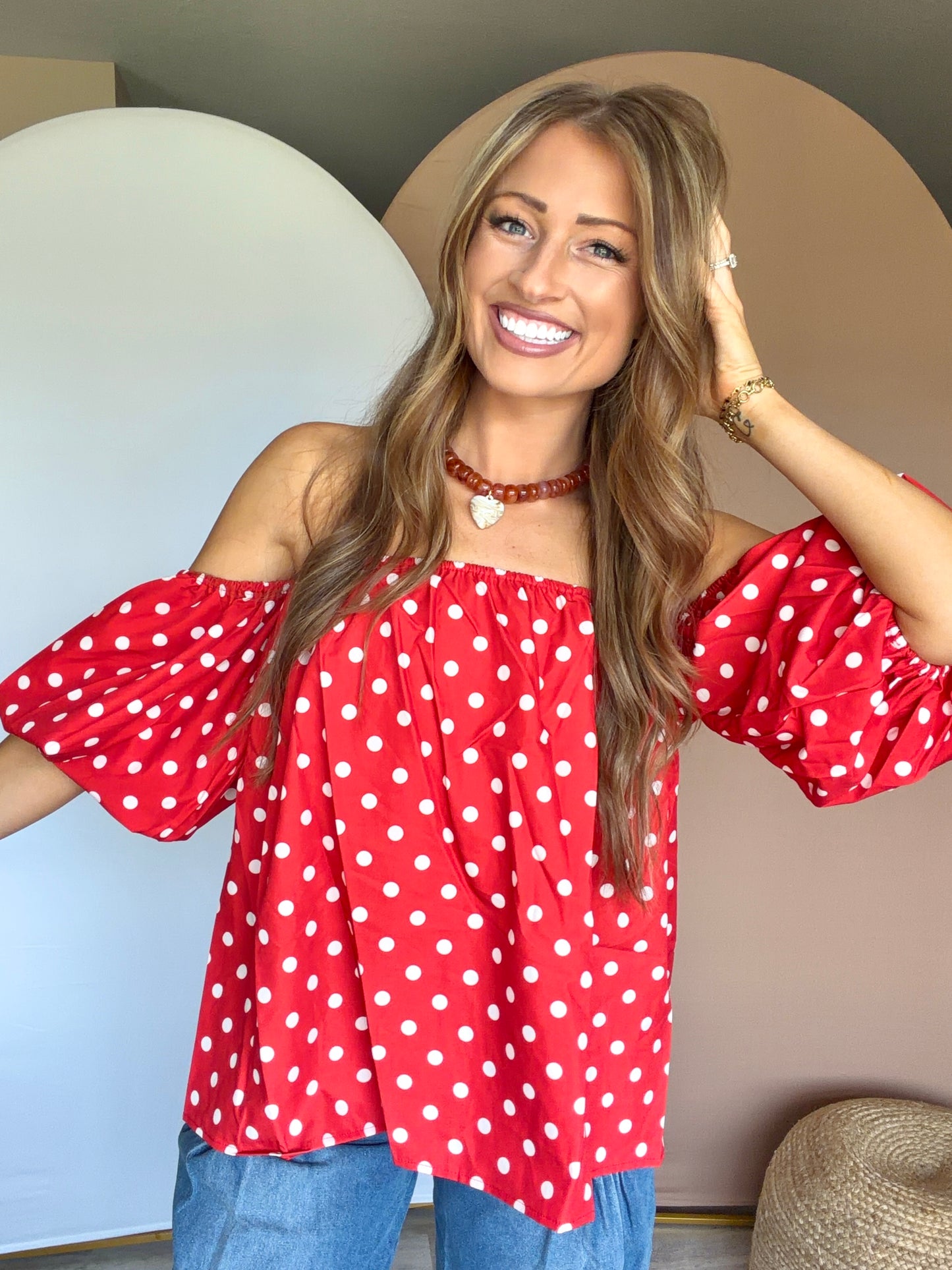 Red Off-Shoulder Polka Dot Top