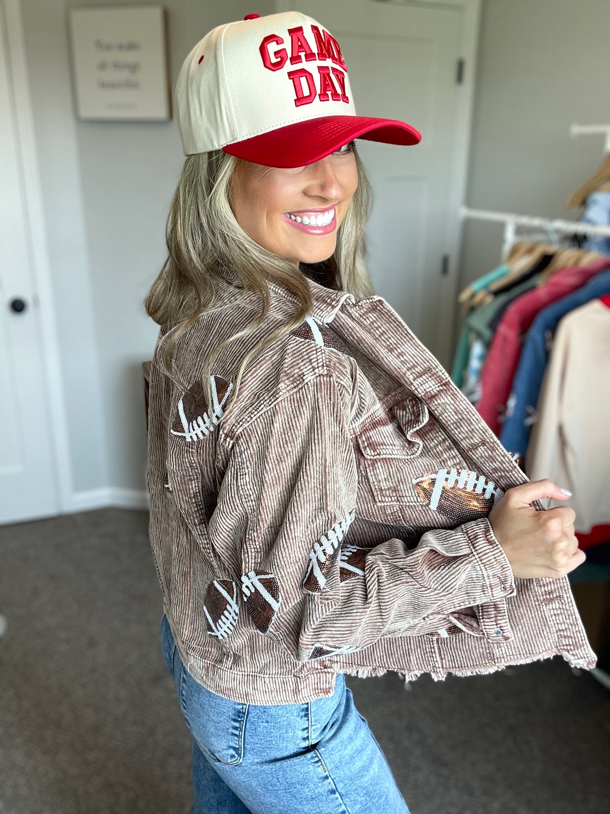 Brown Corduroy Sequin Football Jacket