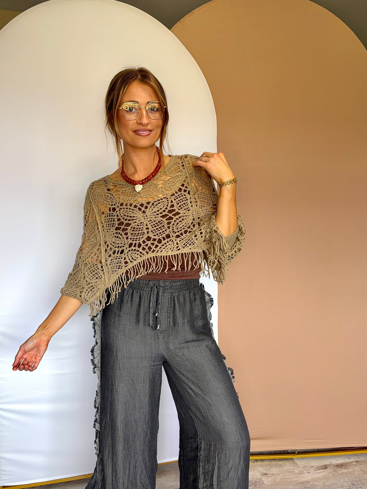 Cropped Brown Open-Knit Top