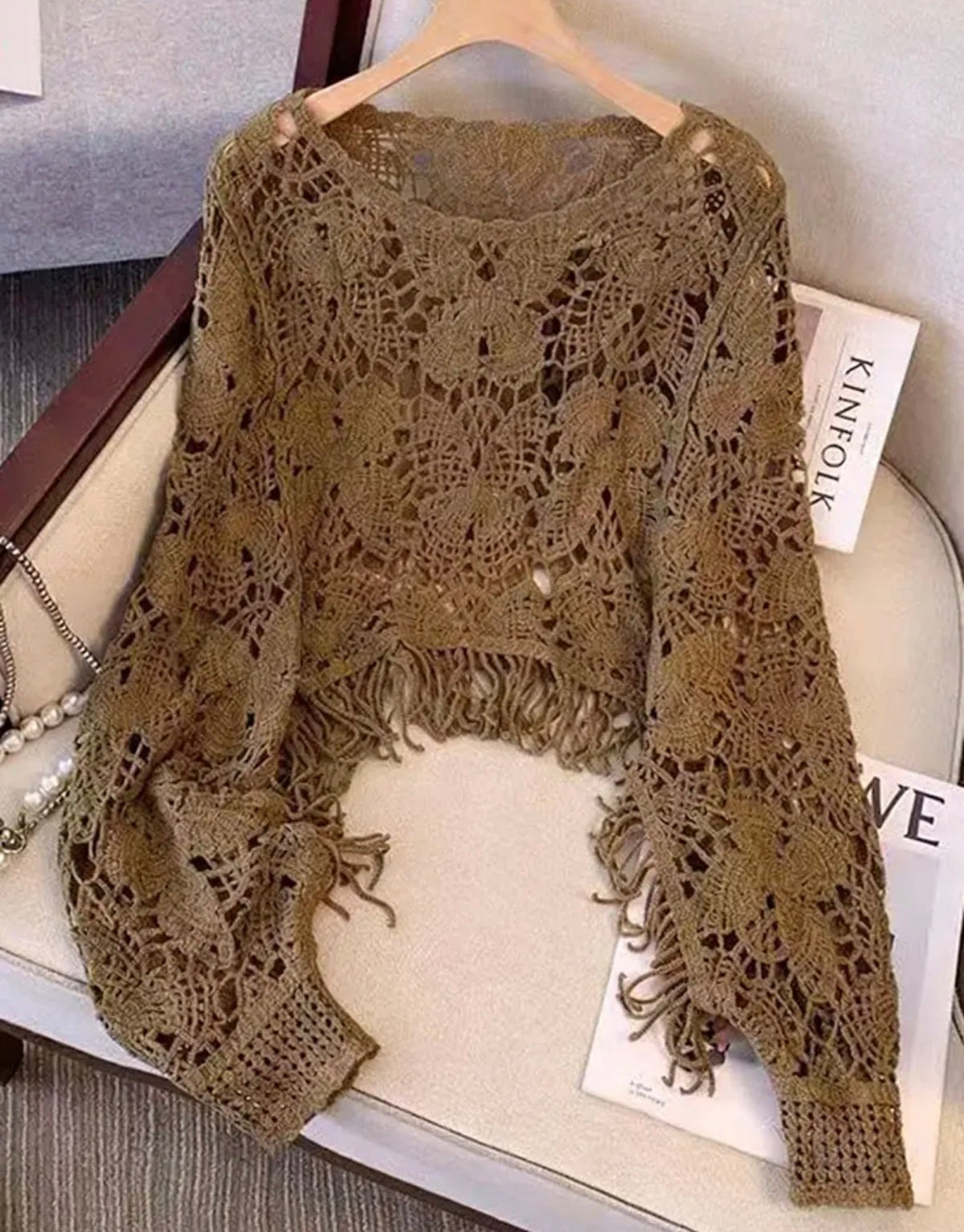 Cropped Brown Open-Knit Top