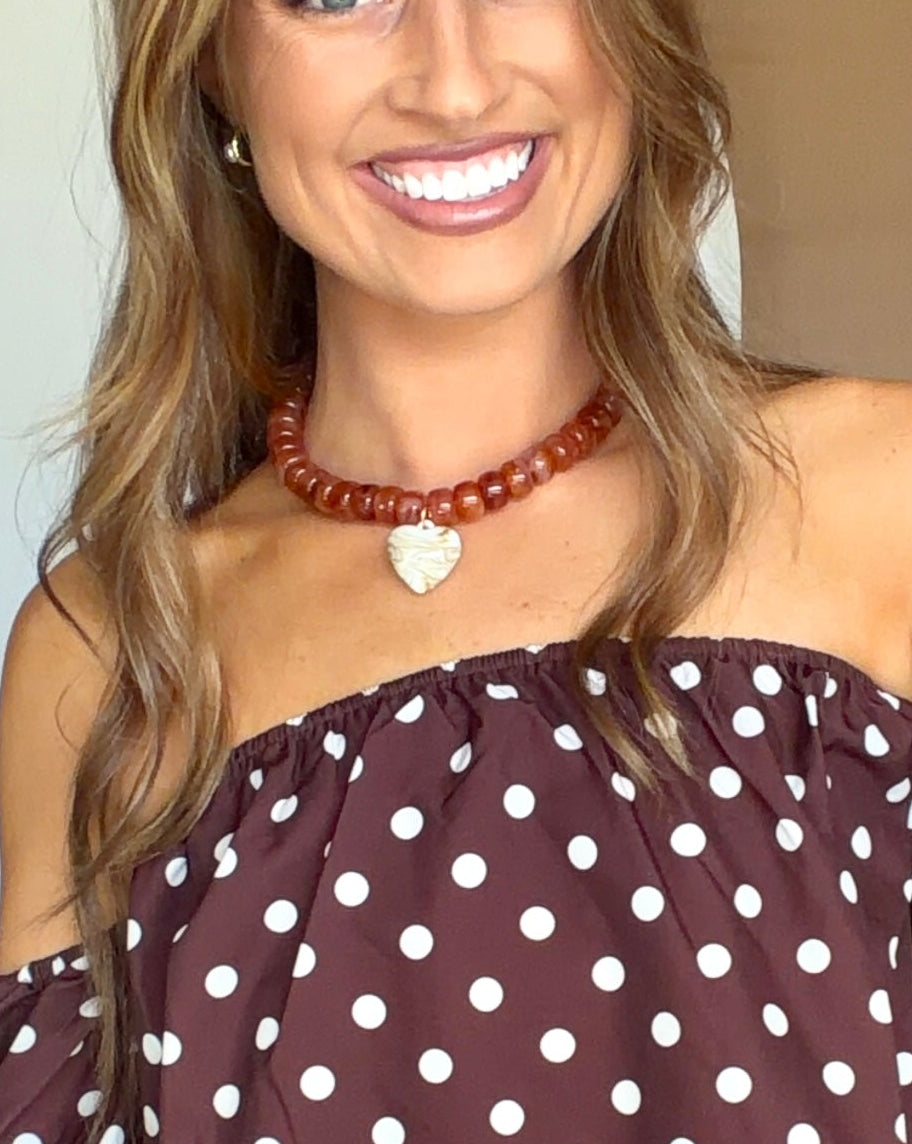 Brown Off-Shoulder Polka Dot Top