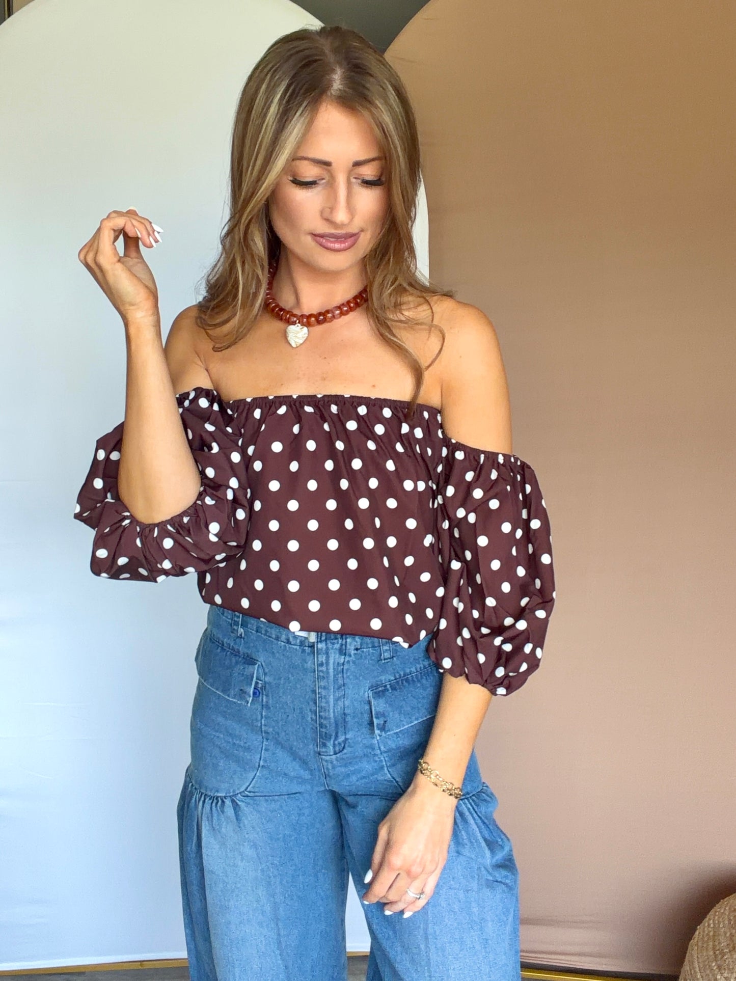 Brown Off-Shoulder Polka Dot Top
