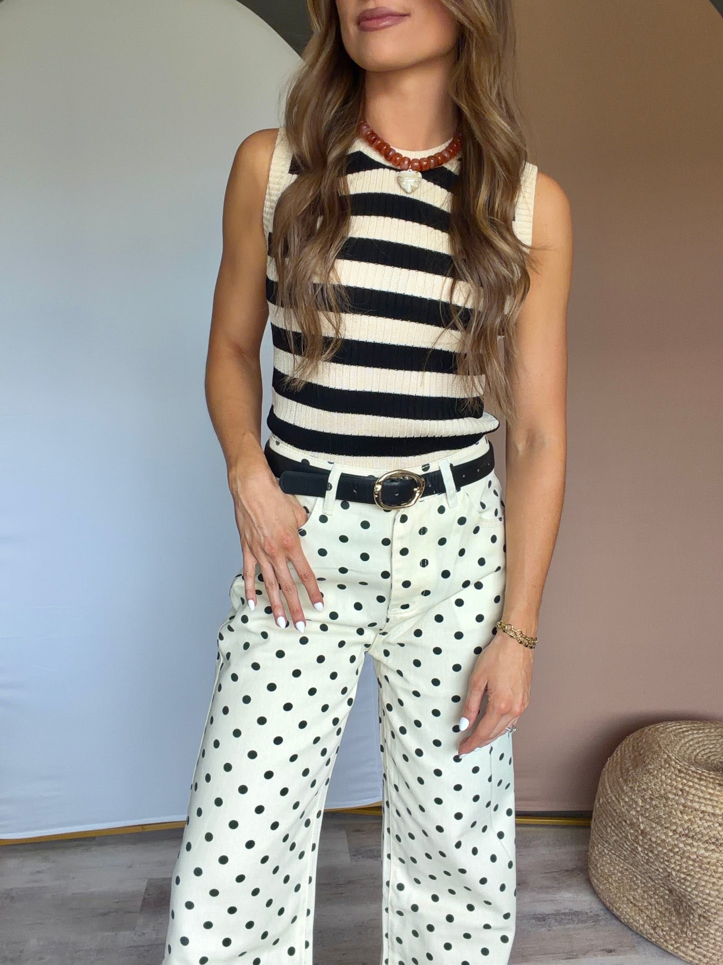 Beige Polka Dot Wide Leg Jeans