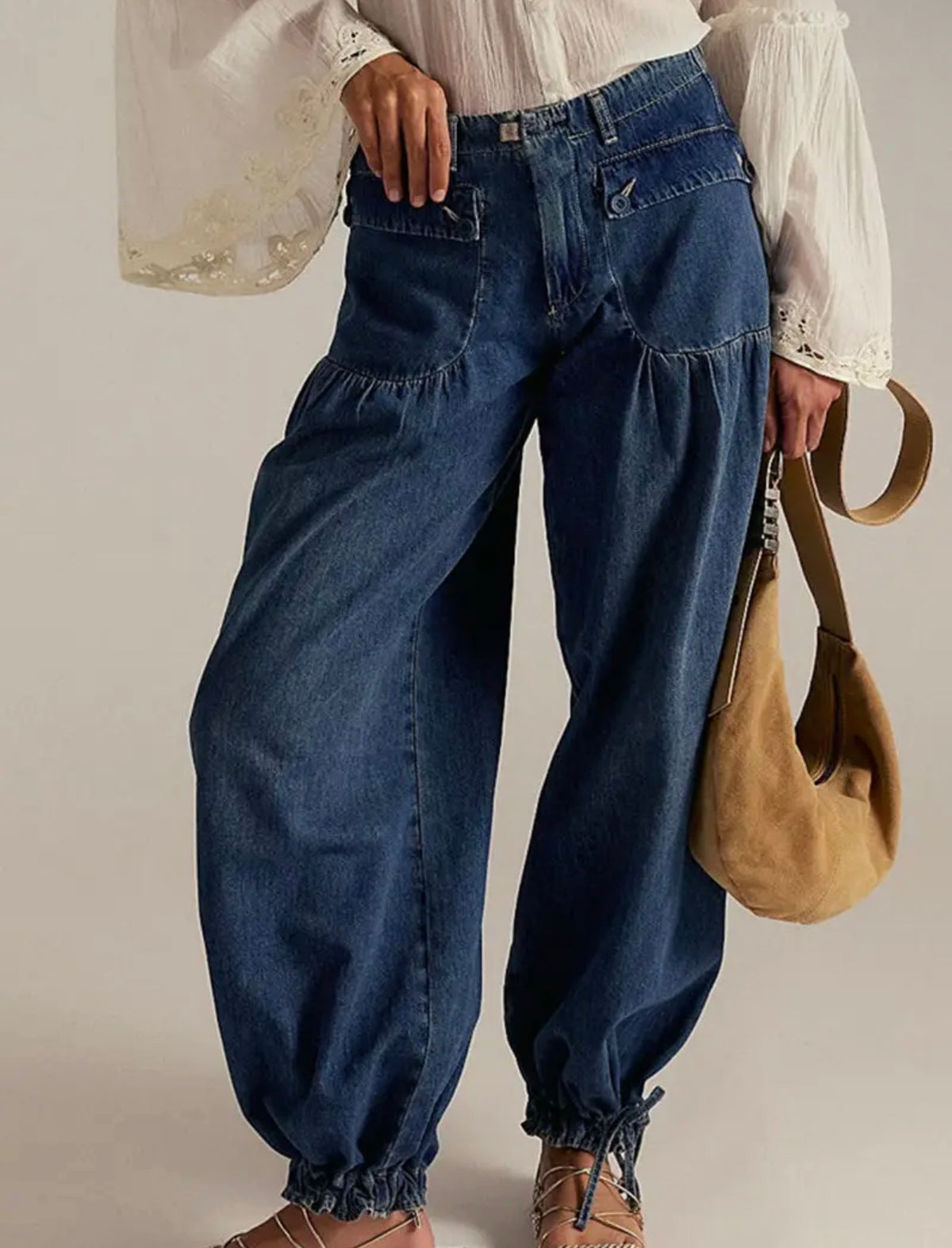 Elastic-Cuff Straight Denim Velcro Jeans