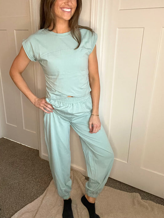 Moonlight Jade Criss Cross Cropped Top & Jogger Pant Set