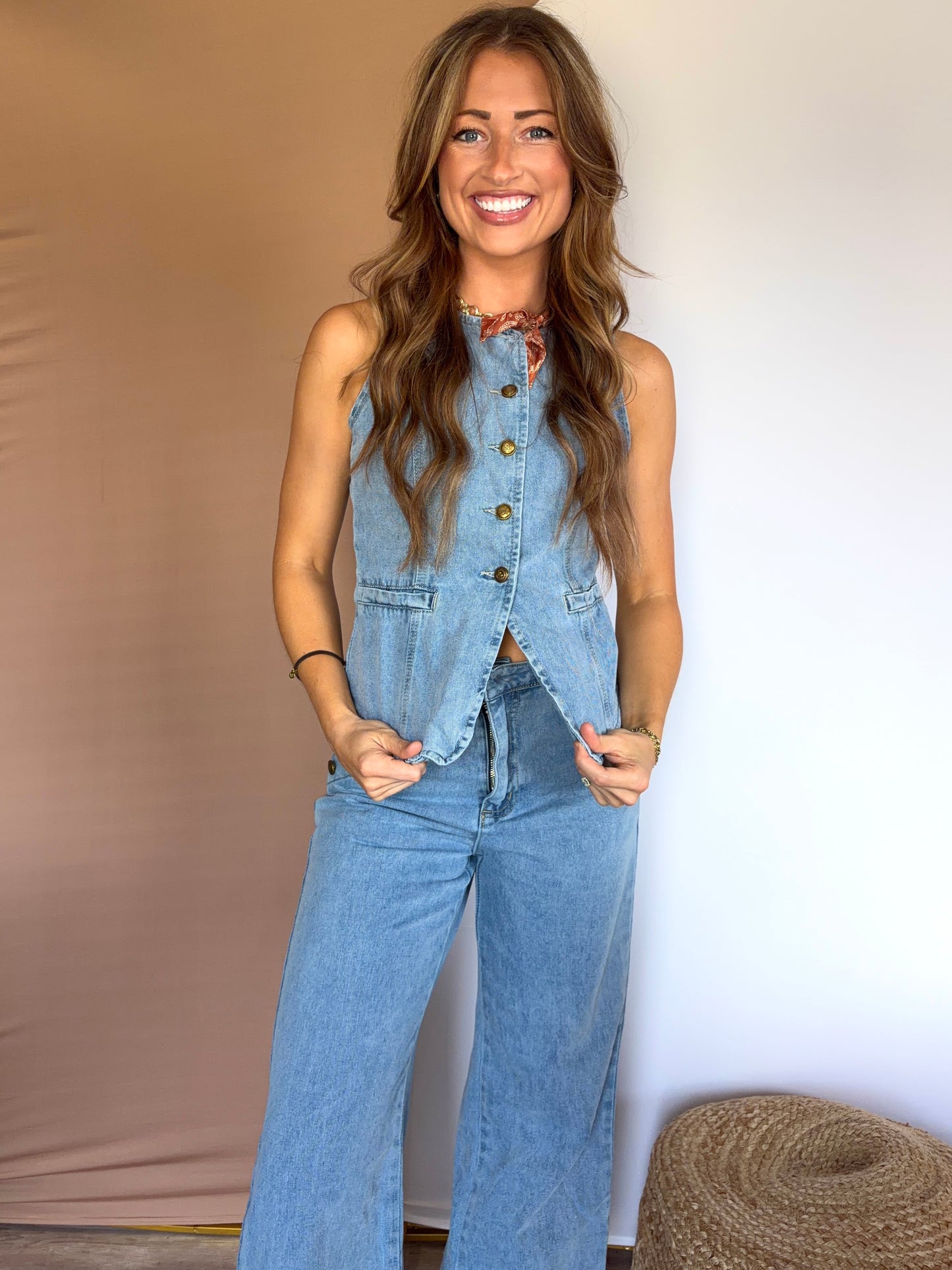 Women's Denim Sleeveless Vest & Wide Leg Jean Set
