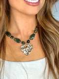 Hammered Heart Pendant Green Beaded Necklace