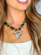 Hammered Heart Pendant Green Beaded Necklace
