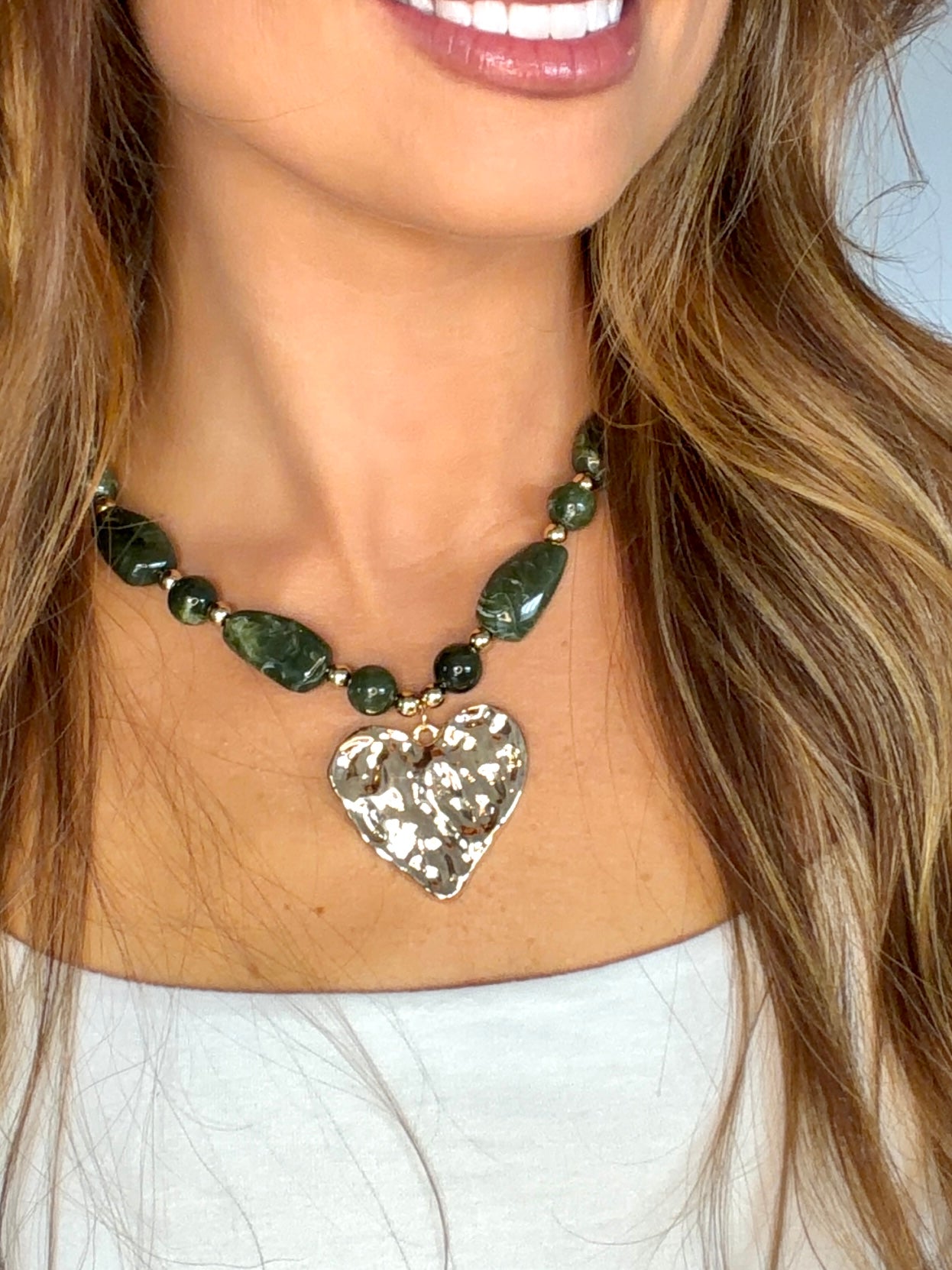 Hammered Heart Pendant Green Beaded Necklace