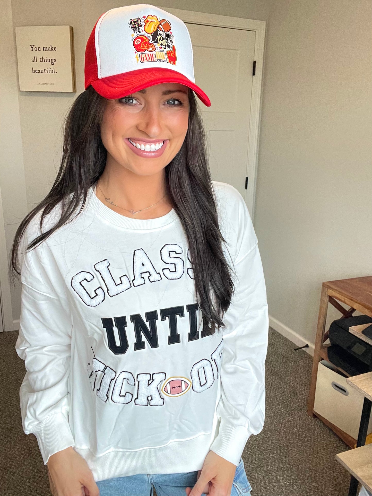 Classy Until Kickoff Letter Patched Football Sweatshirt