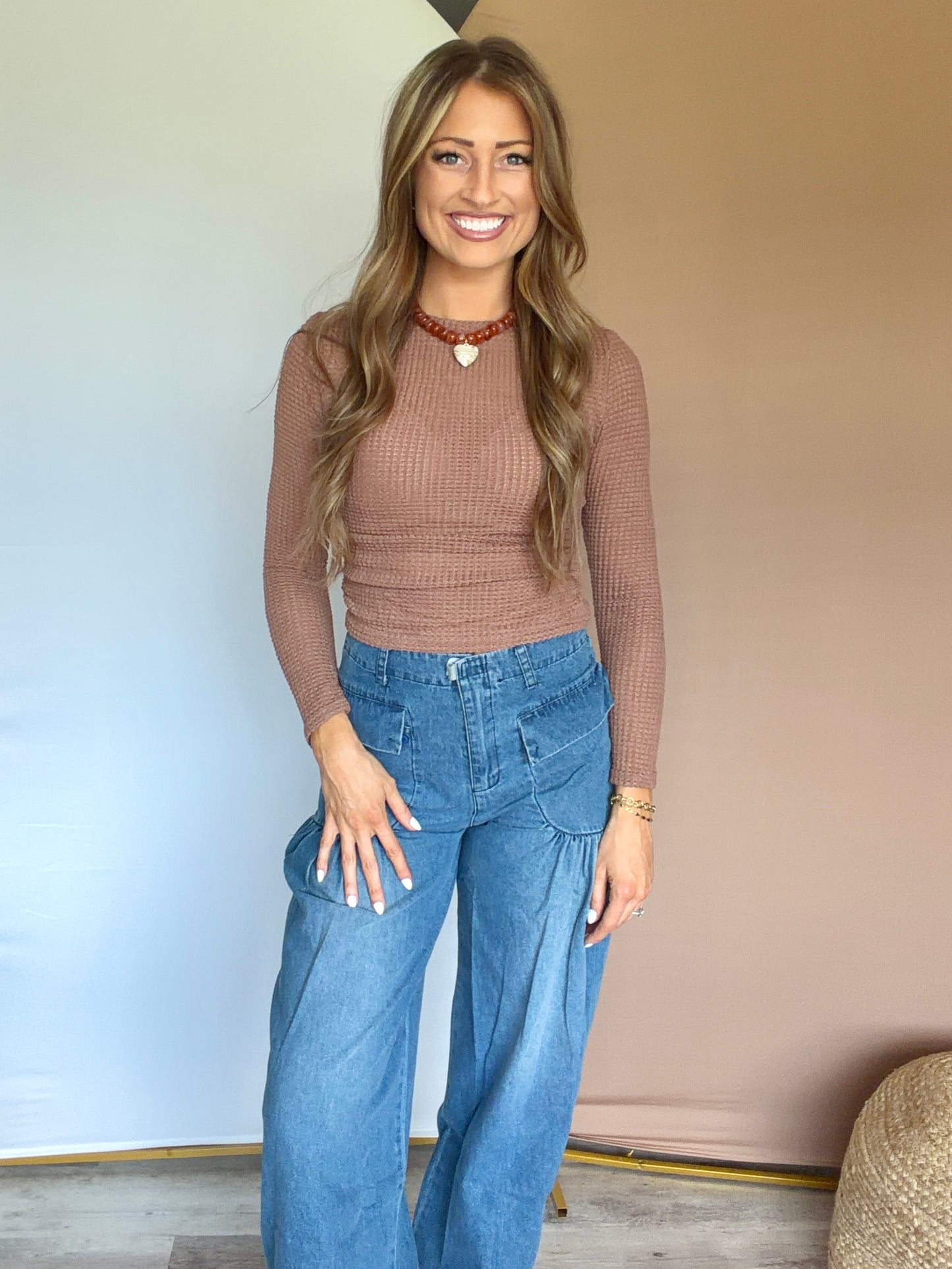 Brown Textured Cropped Long Sleeve Top