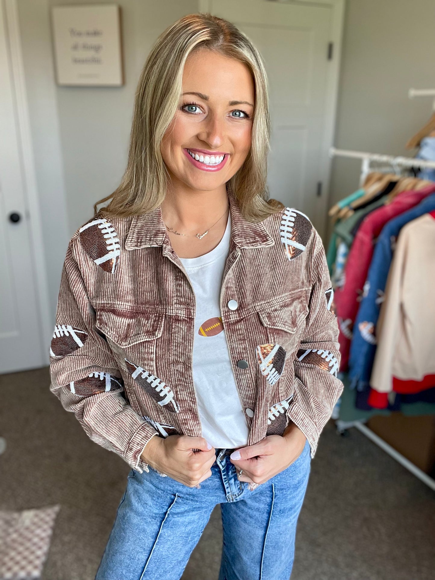 Brown Corduroy Sequin Football Jacket