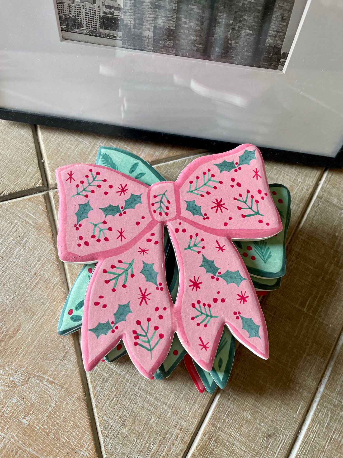 Christmas Bow Ceramic Coasters- set of 6