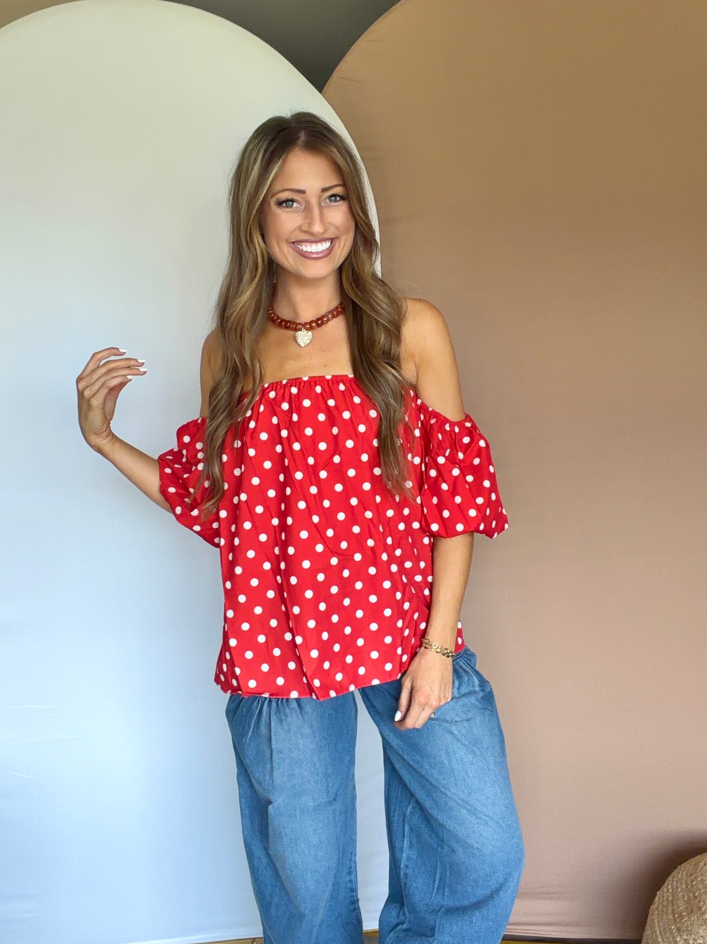 Red Off-Shoulder Polka Dot Top