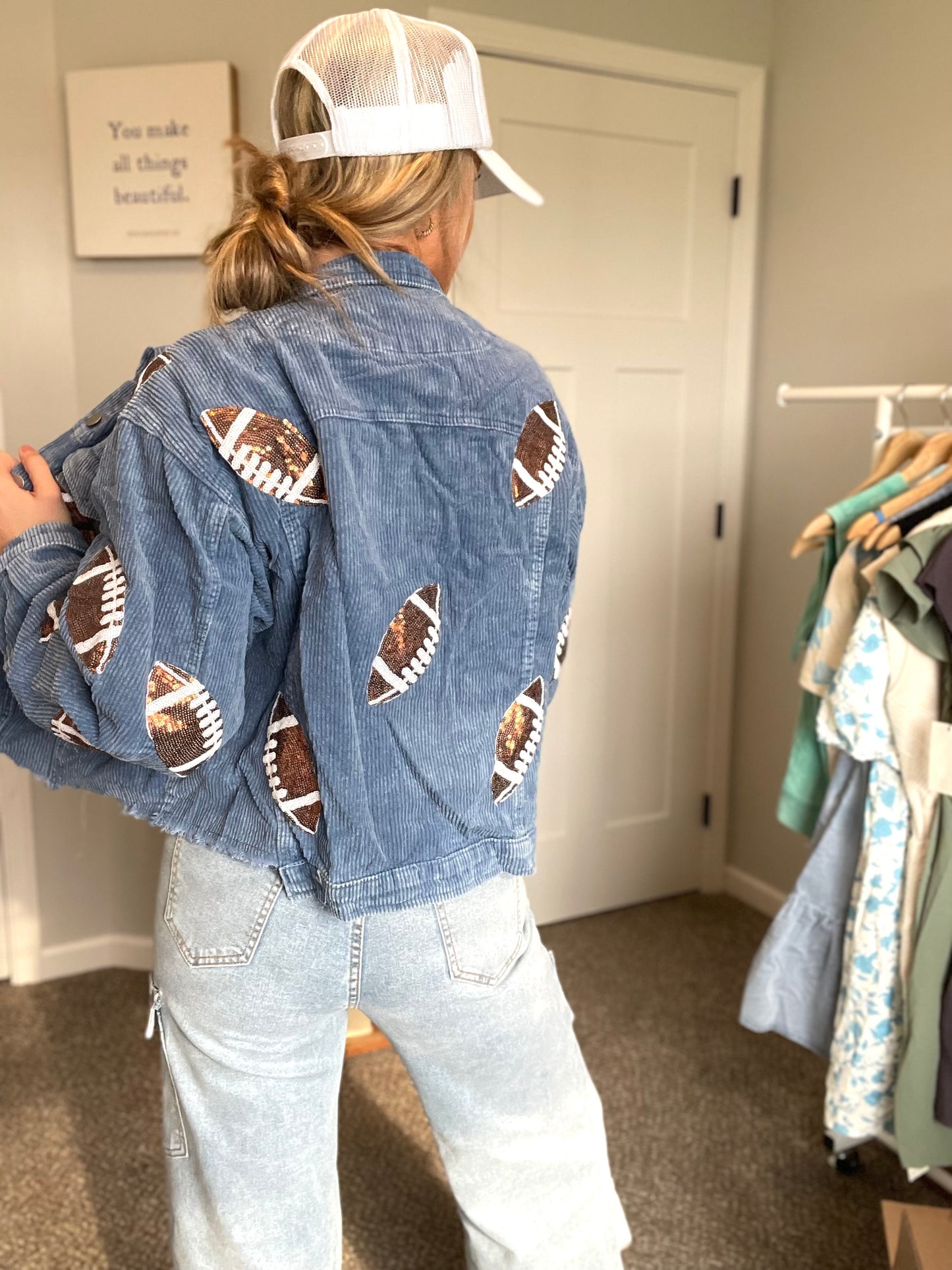 Blue Corduroy Sequin Football Jacket