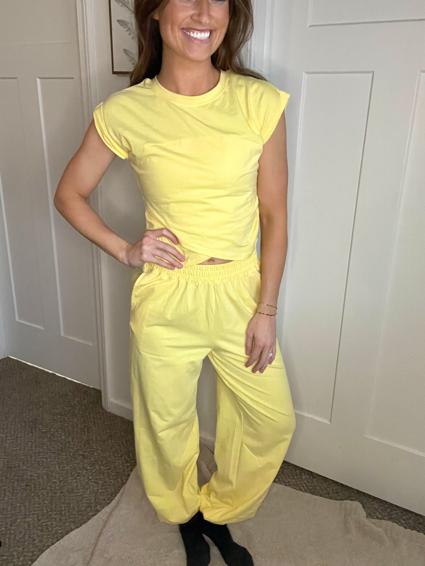 Yellow Cream Cropped Criss Cross Top & Jogger Pant Set