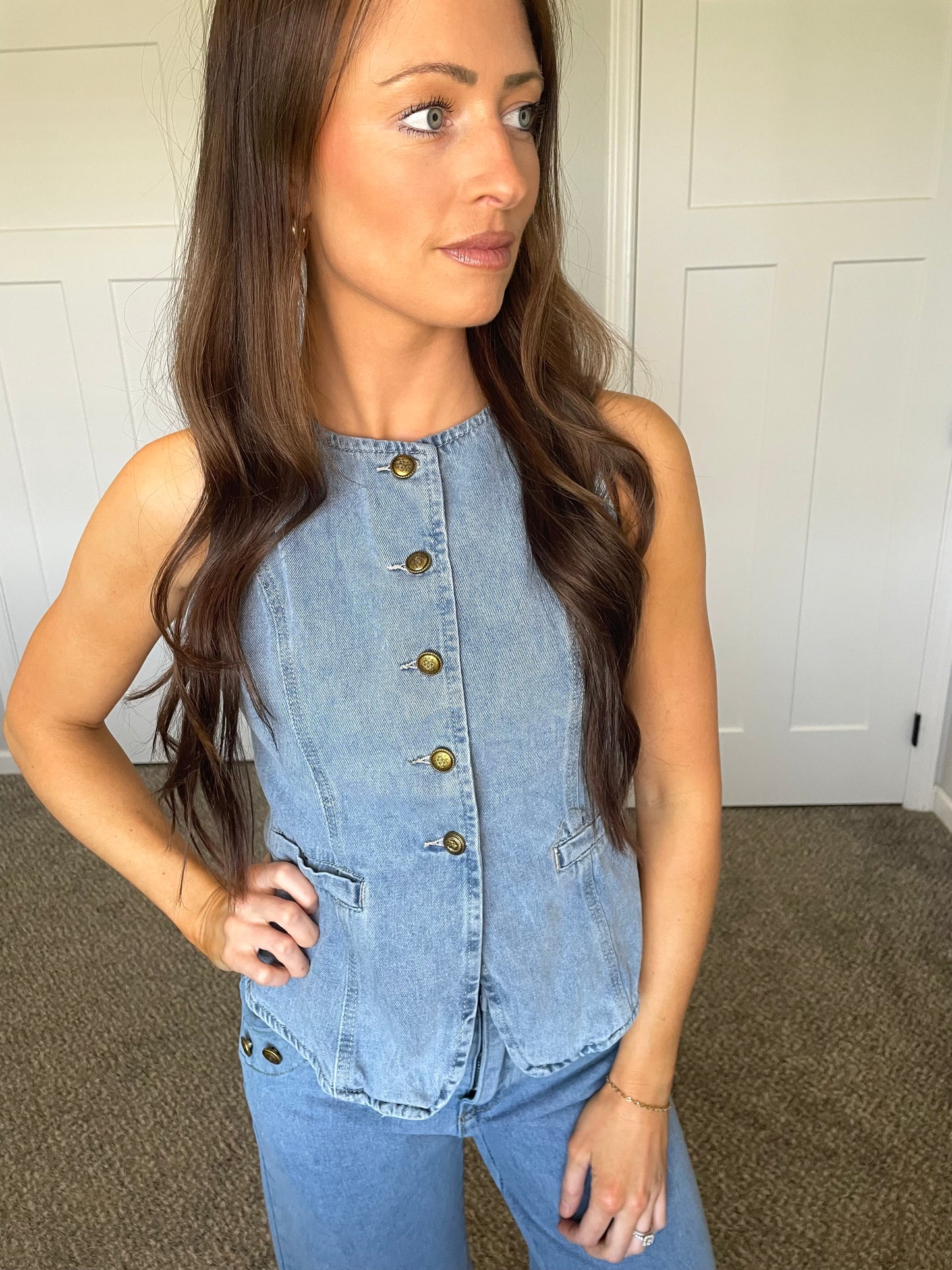 Women's Denim Sleeveless Vest & Wide Leg Jean Set