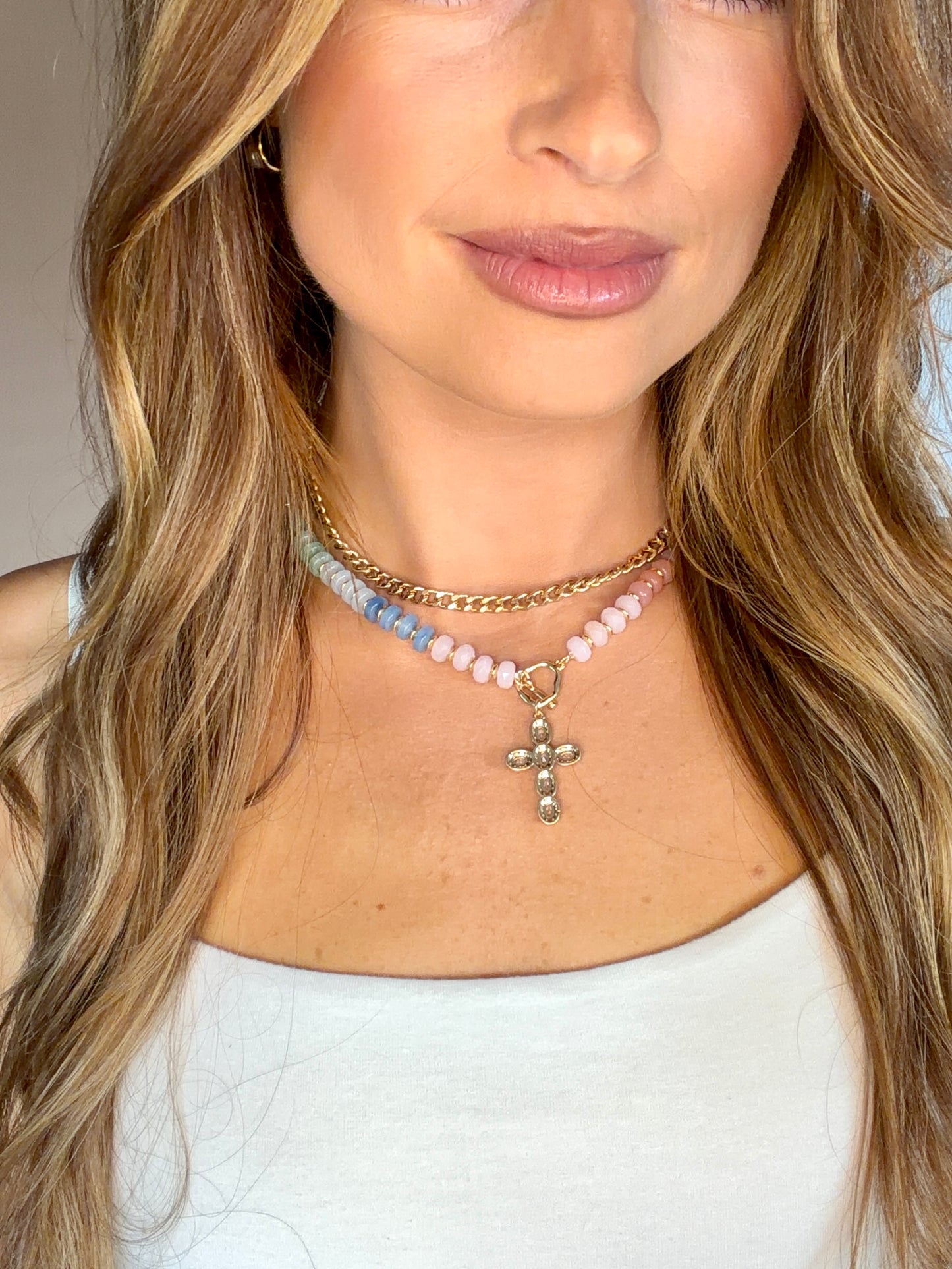 Double Layer Beaded Cross Charm Necklace