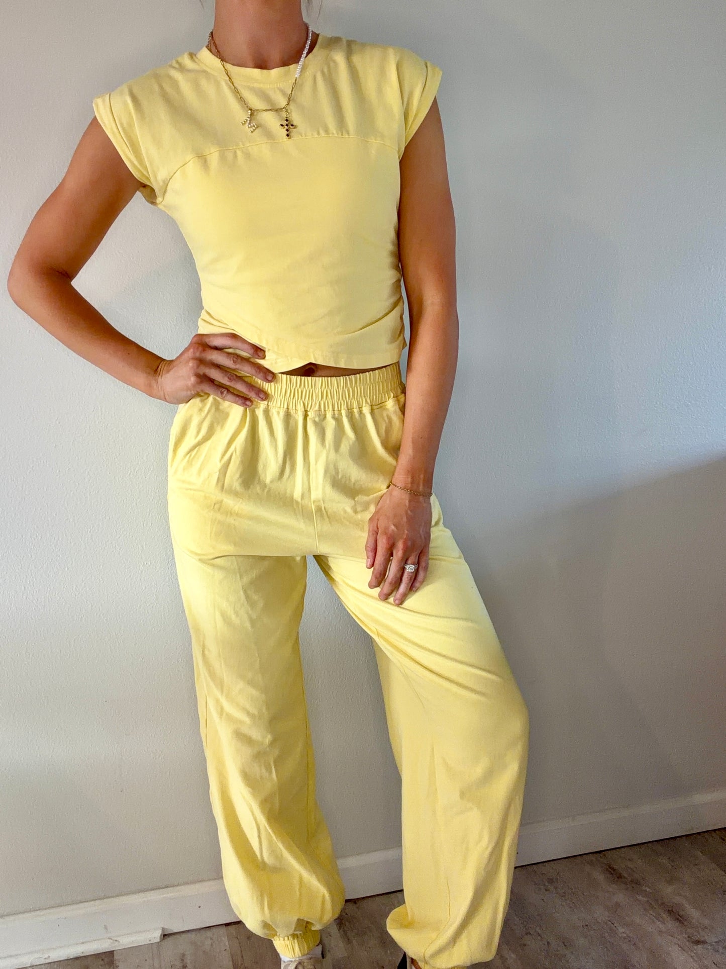 Yellow Cream Cropped Criss Cross Top & Jogger Pant Set
