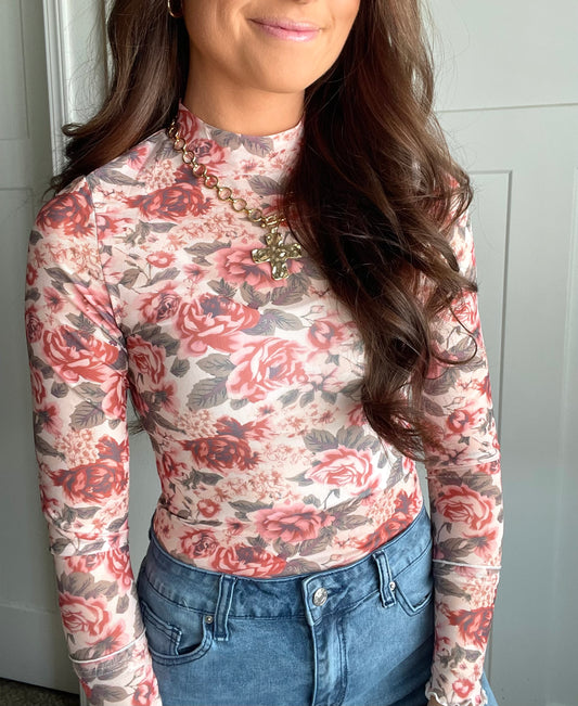 Pink Floral Mock Neck Mesh Top