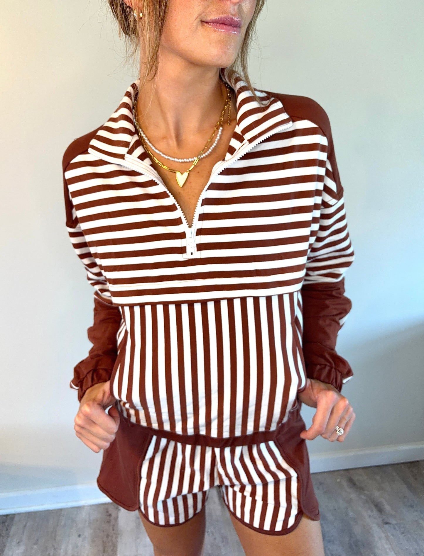 Brown Stripe Long Sleeve Quarter Zip Pocket Top with Matching Shorts Set