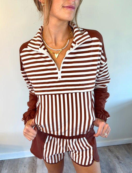 Brown Stripe Long Sleeve Quarter Zip Pocket Top with Matching Shorts Set
