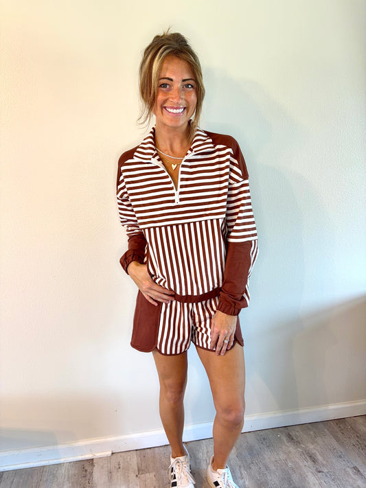 Brown Stripe Long Sleeve Quarter Zip Pocket Top with Matching Shorts Set
