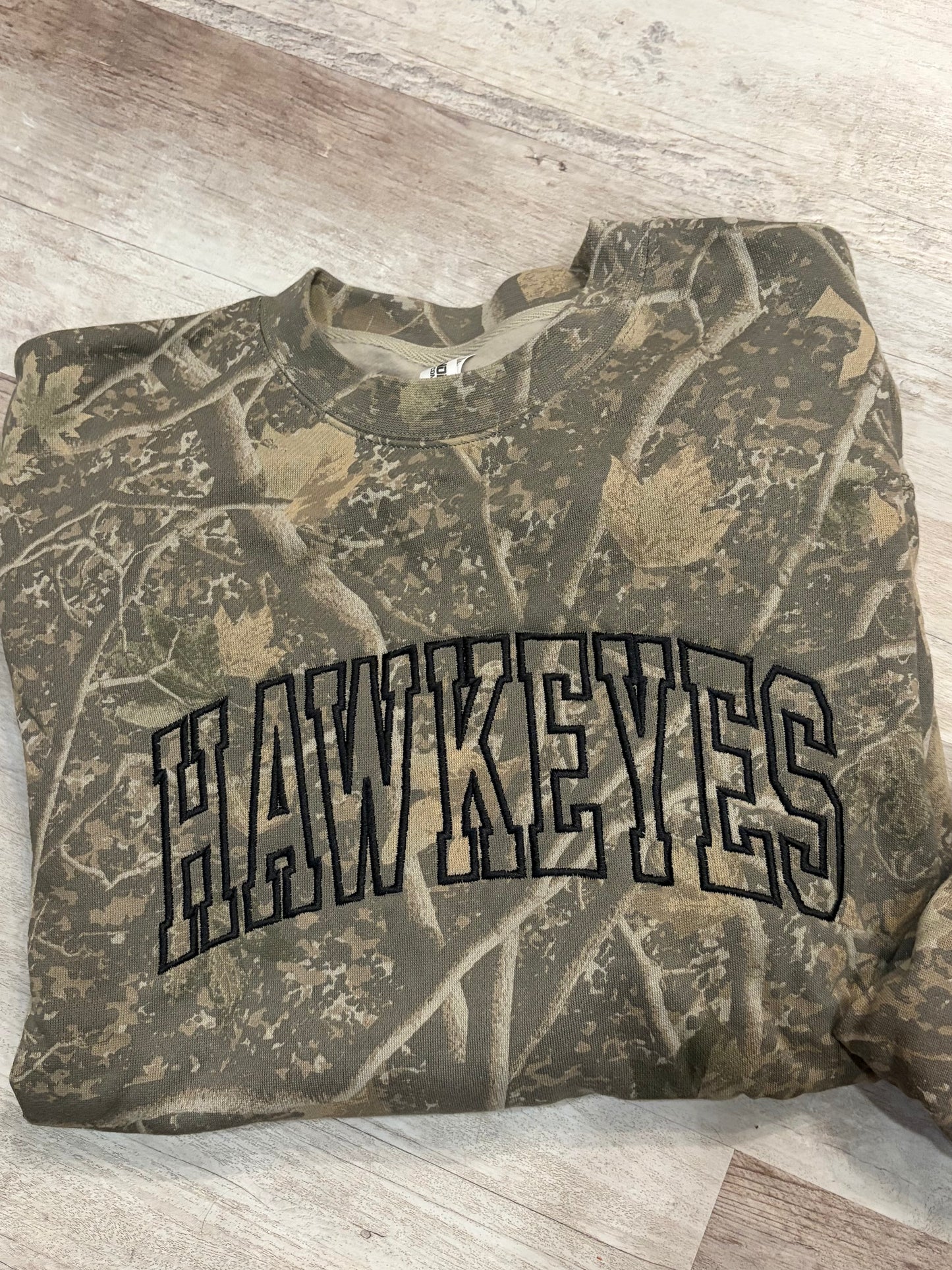 Embroidered HAWKEYES Camo Crewneck