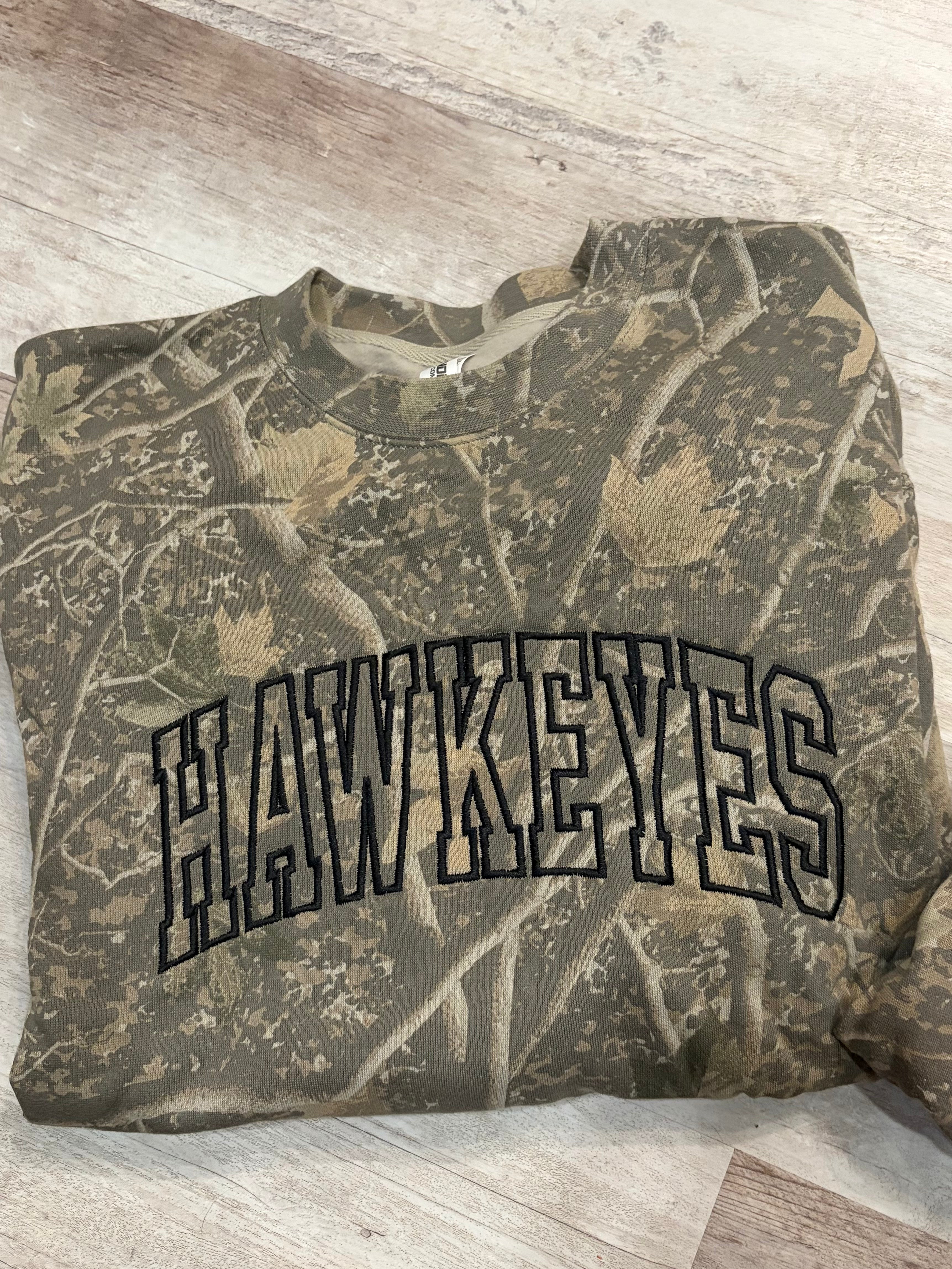 Embroidered HAWKEYES Camo Crewneck