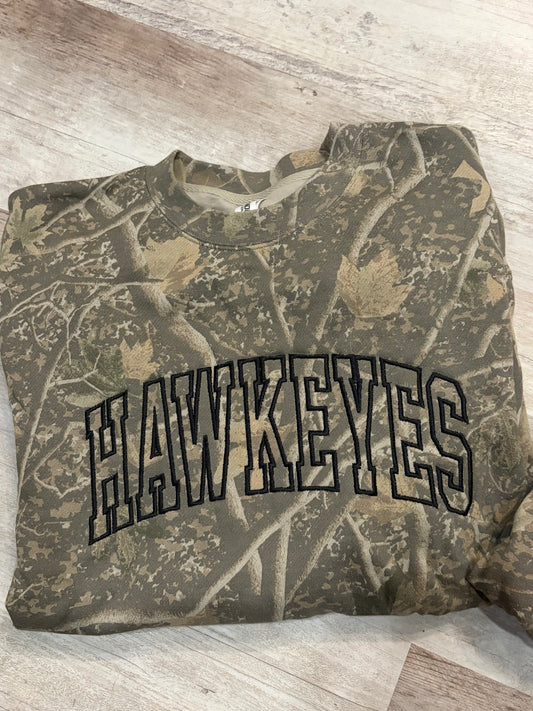Embroidered HAWKEYES Camo Crewneck