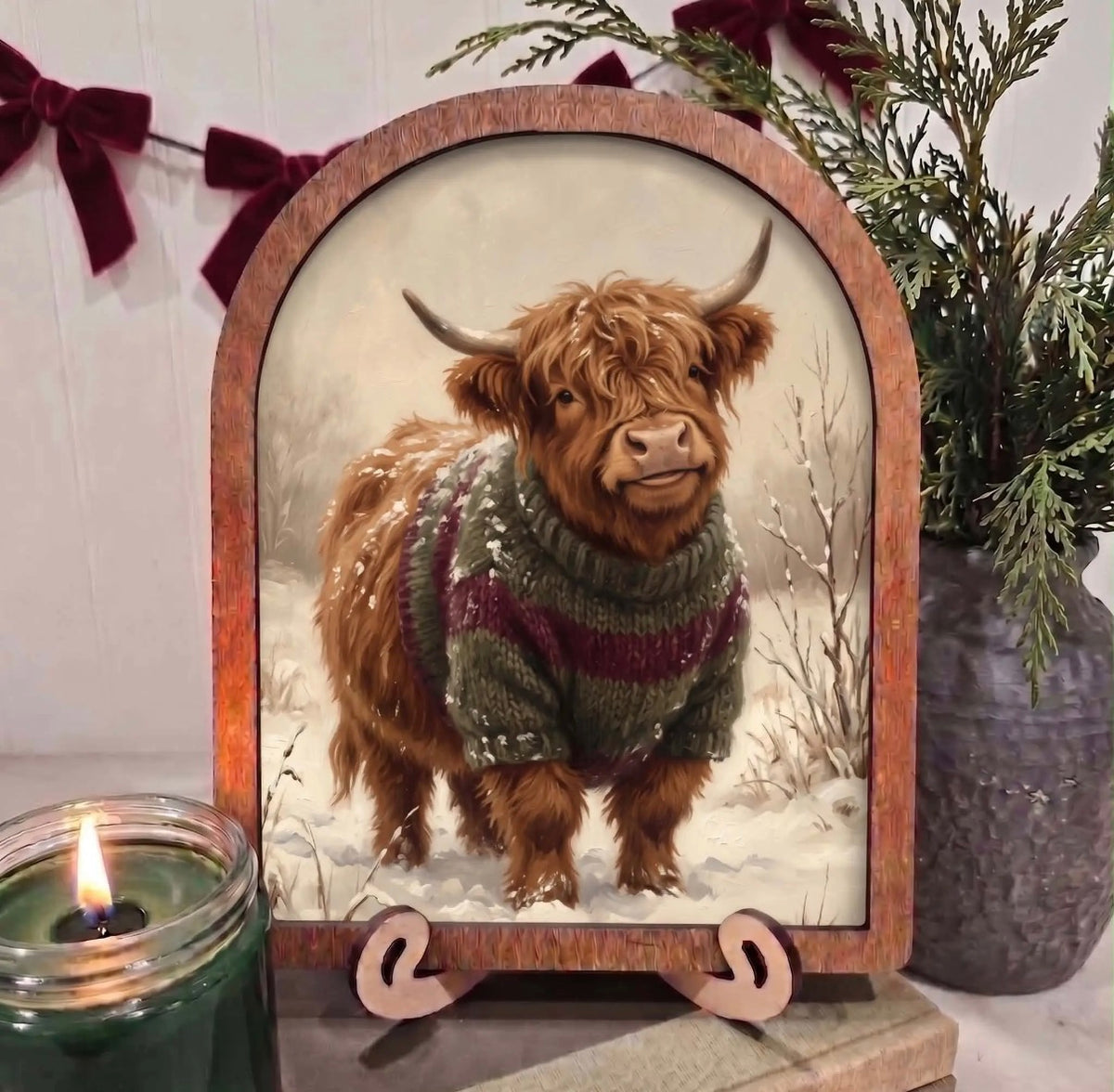 8x10” Arched Framed Christmas Highland Cow Decor