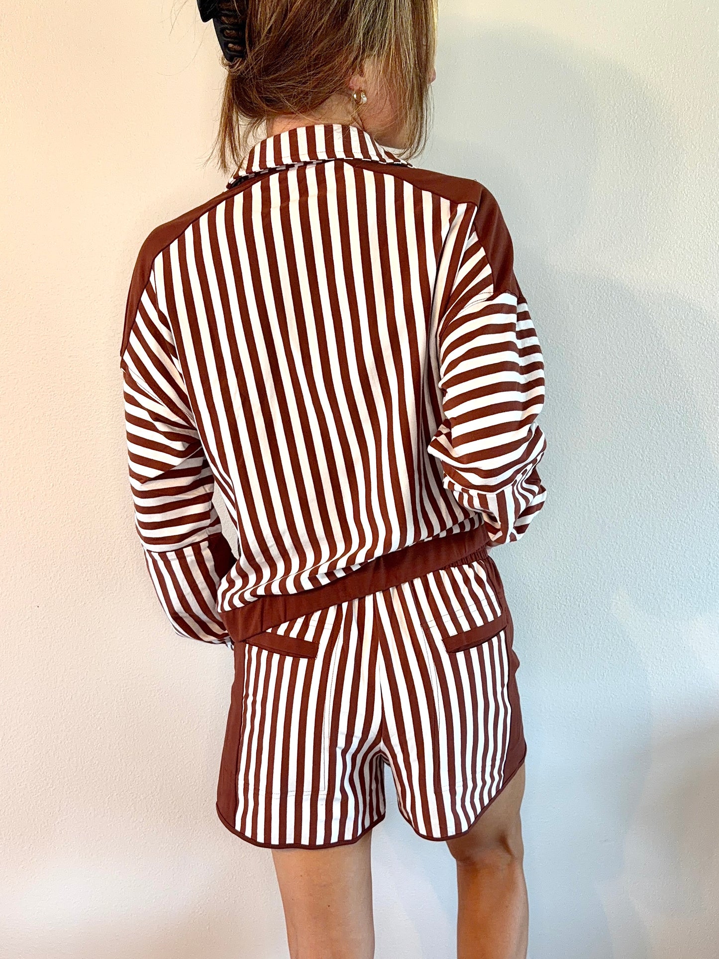 Brown Stripe Long Sleeve Quarter Zip Pocket Top with Matching Shorts Set