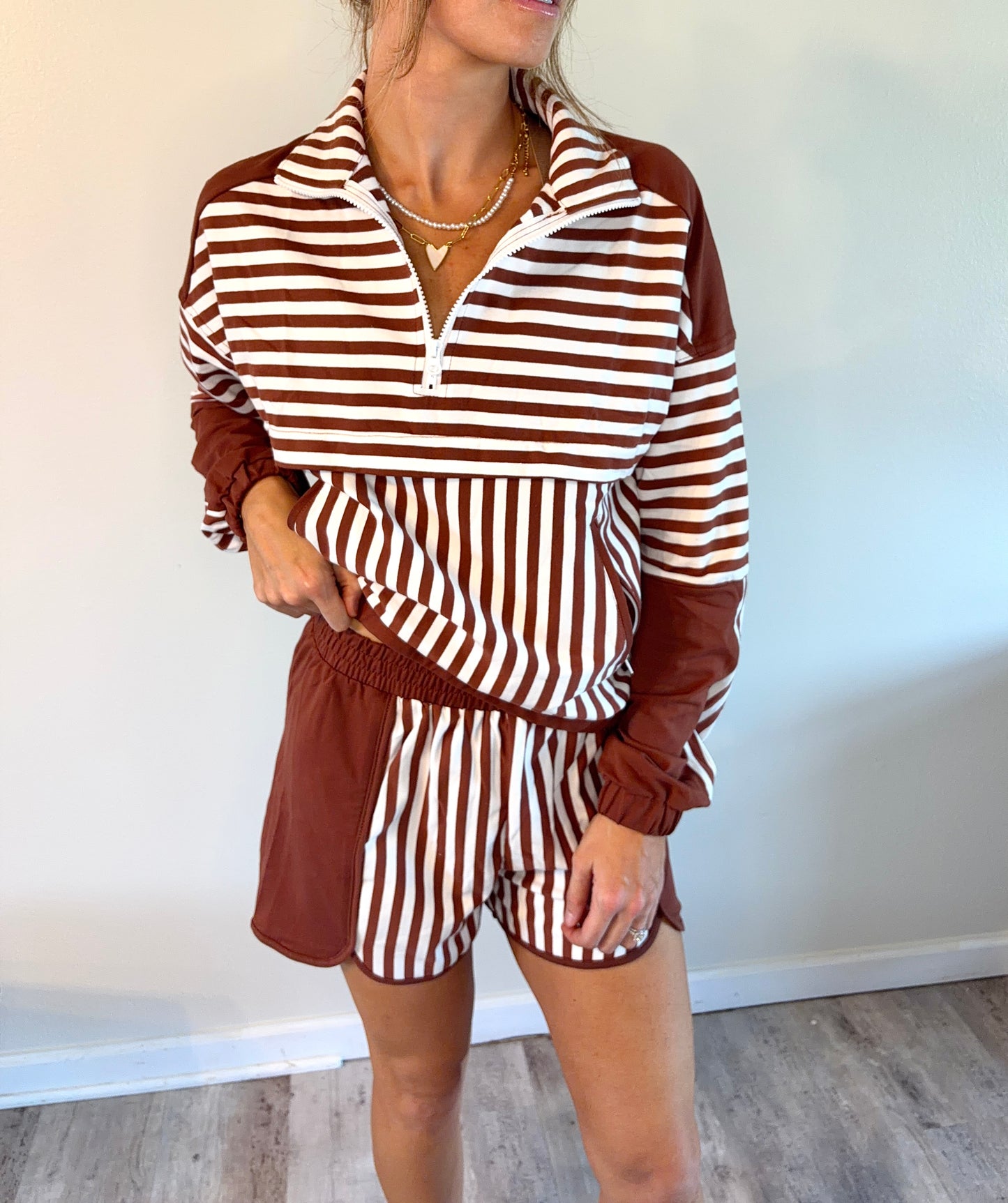 Brown Stripe Long Sleeve Quarter Zip Pocket Top with Matching Shorts Set