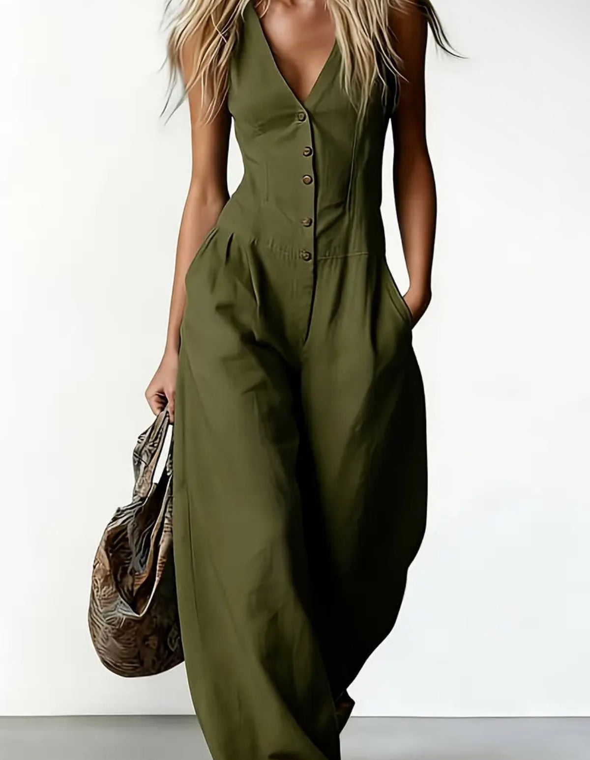 Army Green Button Down Wide Leg Jumpsuit