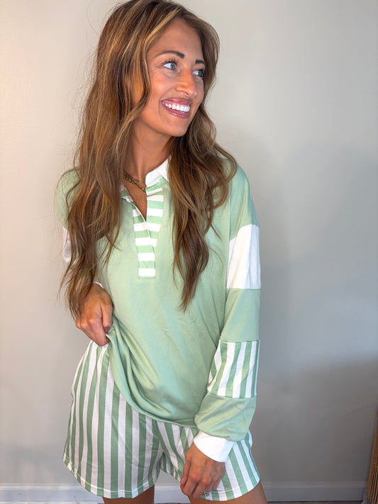 Oversized Smoke Green Striped Two Piece Long Sleeve & Shorts Set