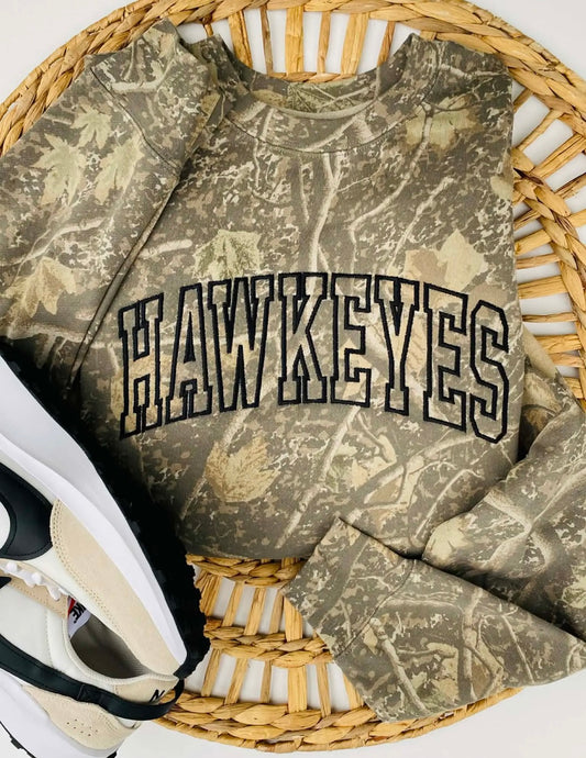 Embroidered HAWKEYES Camo Crewneck