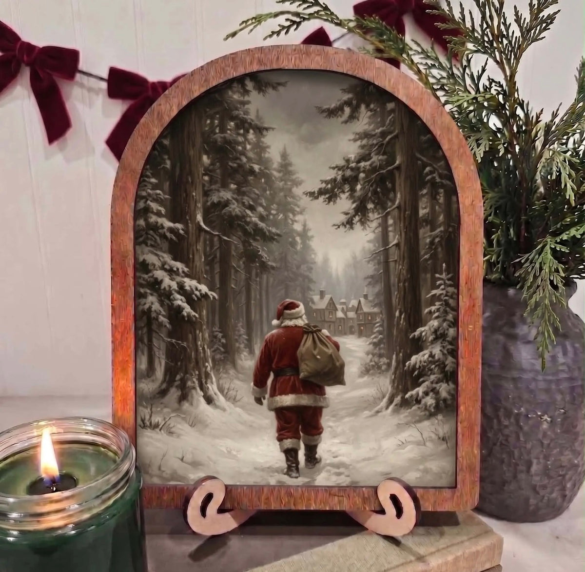 8x10” Arched Framed Santa Walking Decor