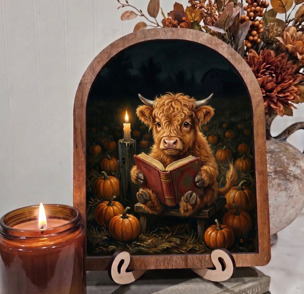 8x10” Arched Framed Halloween Highland Cow Decor