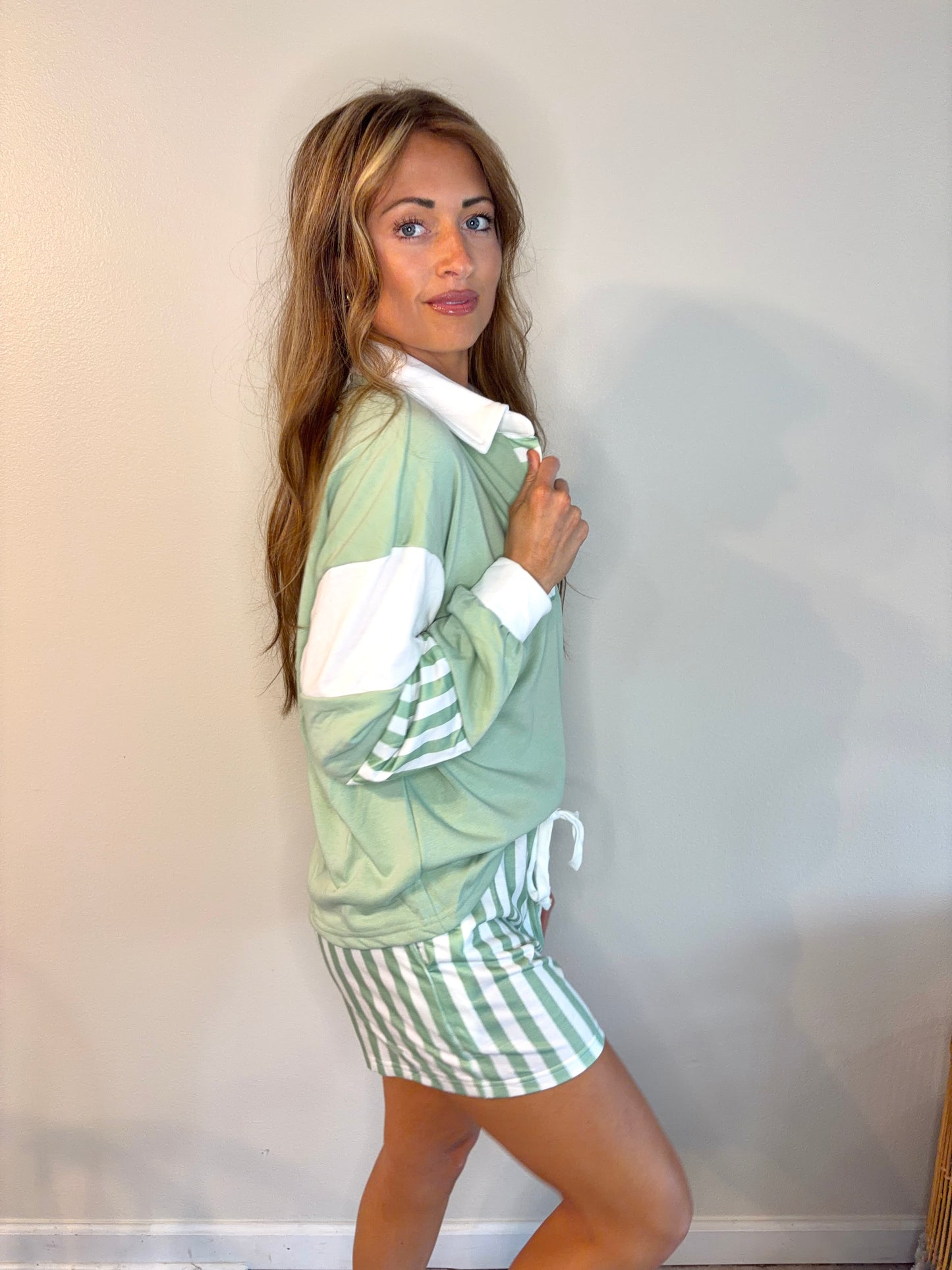 Oversized Smoke Green Striped Two Piece Long Sleeve & Shorts Set