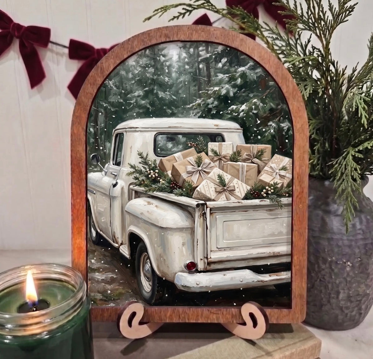 6x8” Arched Framed White Truck Christmas Decor