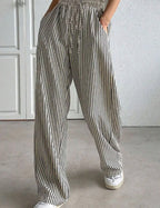 Black Striped Drawstring Wide-Leg Casual Pants