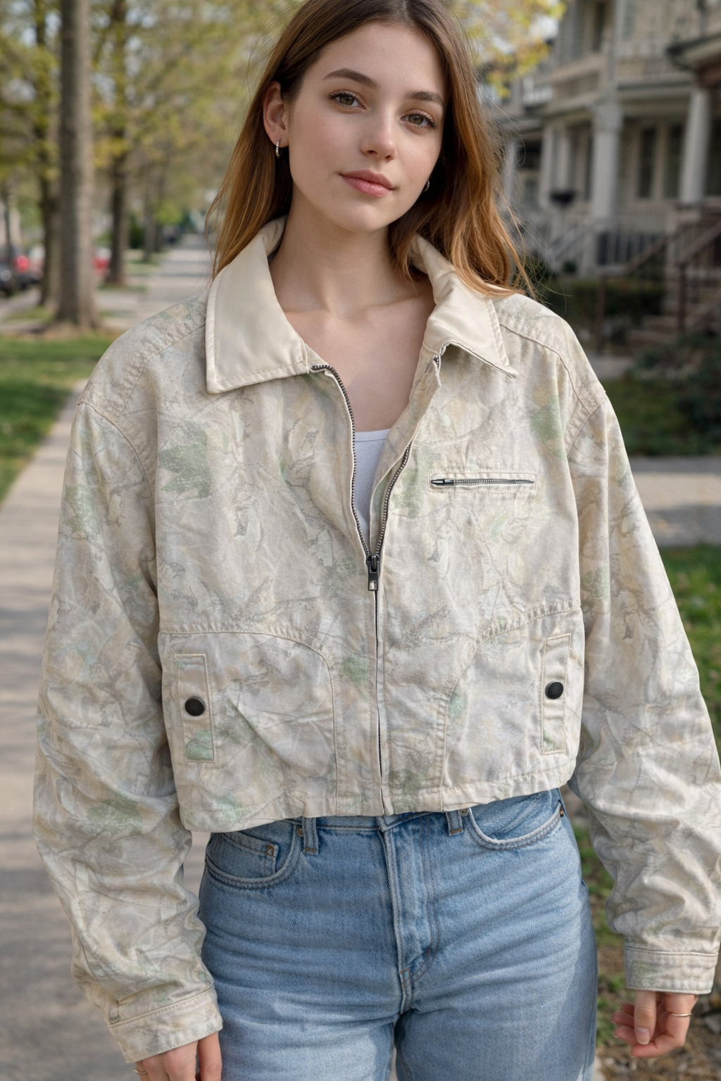 CREAM-Collared Camo Zip up Jean Jacket