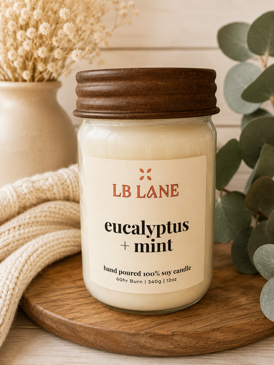 Eucalyptus + Mint 12oz 100% Soy Wax Cotton Wick Candle