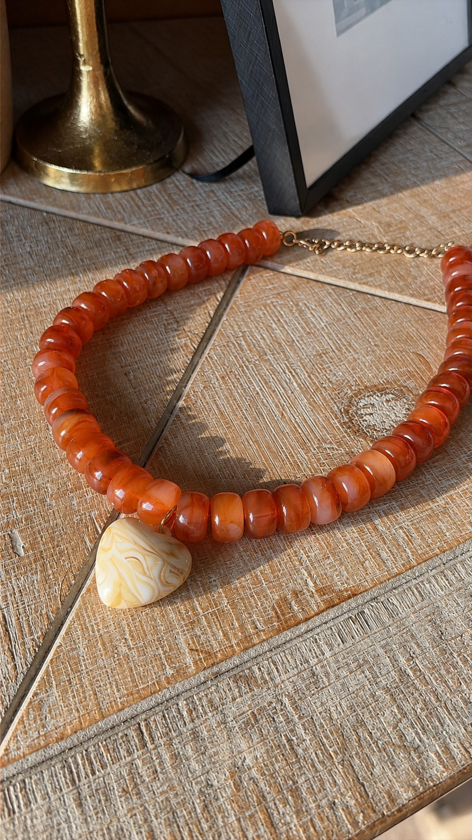 Orange & Marble Heart Beaded Necklace