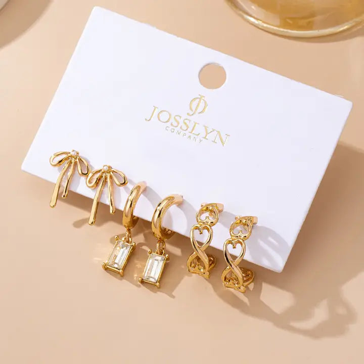Bow, Stone, & Heart Earring Trio Set
