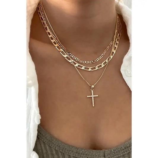 Gold Plated Cross Pendant Multi-Layer Stacked Chains Necklace